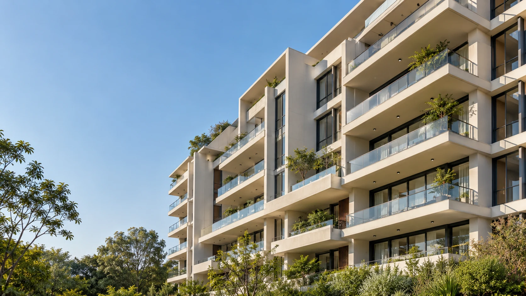 Illustrative contemporary architecture with sunlit balconies and greenery